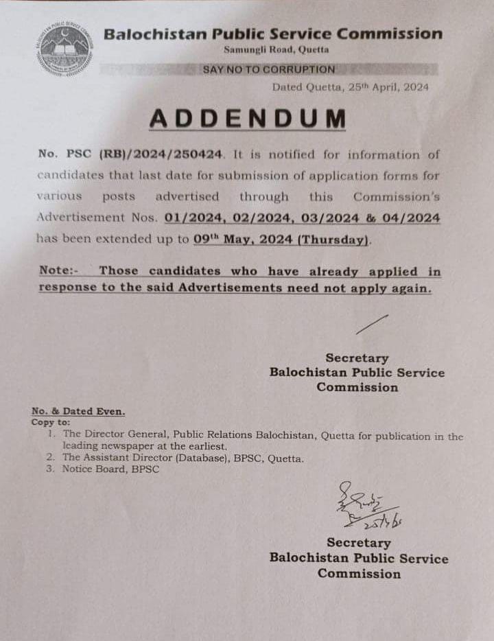 بلوچستان پبلک سروس کمیشن BPSC نے اشتہار نمبر 1/2/3 اور 4/2024 کے لیے آن لائن درخواستیں جمع کرانے کی تاریخ 09 مئی 2024 تک توسیع کردی گئی ہے
#Quetta