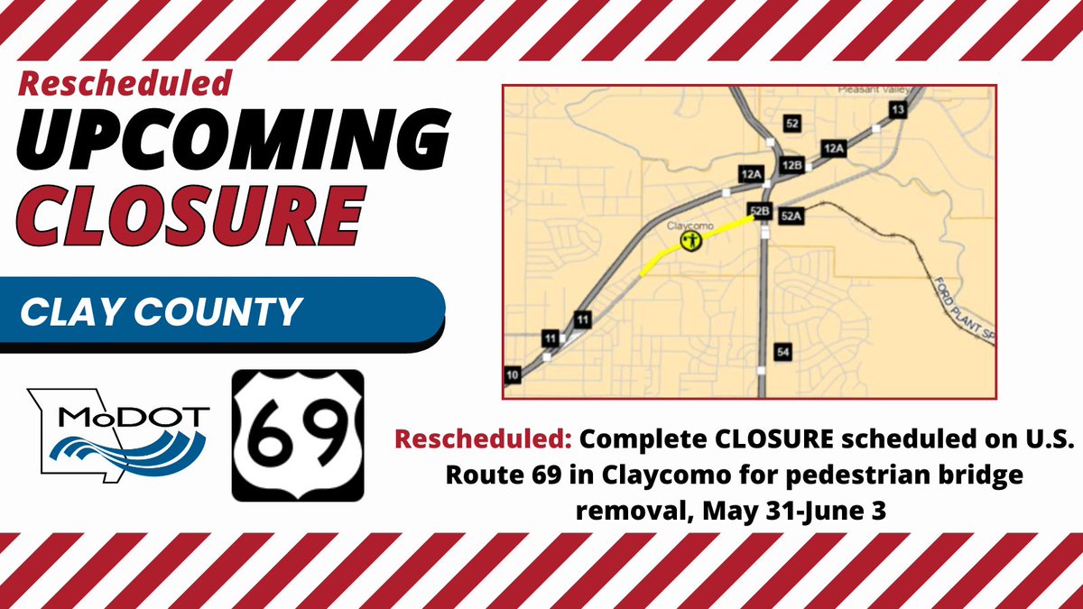 TRAFFIC ALERT: Rescheduled: Complete CLOSURE scheduled on U.S. Route 69 in Claycomo for pedestrian bridge removal, May 31-June 3. Click the link for details: modot.org/node/46020 #KCTRAFFIC