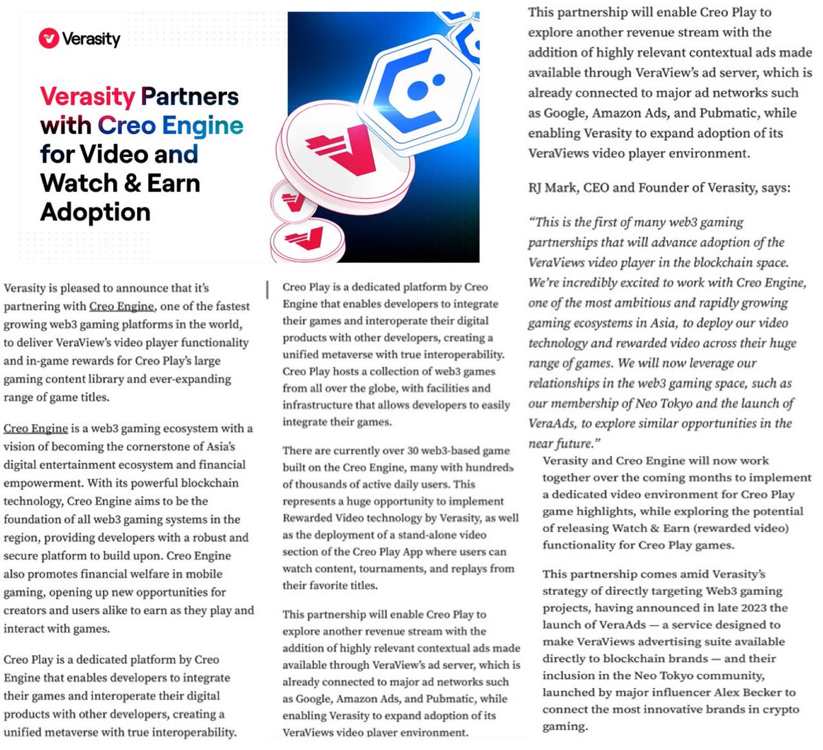 $VRA X $CREO 🤝 #Verasity partner w #CREOENGINE for Video & Watch & earn adoption. “Verasity & Creo will now work together over the coming months to implement a dedicated video environment for Creo Play game highlights, while exploring the potential of releasing Watch & Earn…
