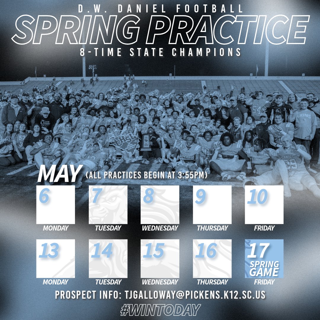 A little over a week away until your Lions hit the field again! College coaches, come check out the defending state champions! The spring game will be on May 17th at 6:00pm. #WinToday!
