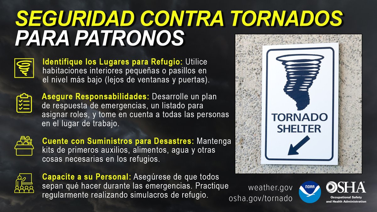 ¡Atención patronos, gerentes, jefes, y supervisores! ¿Su lugar de trabajo cuenta con un refugio designado para tornados? ¿Su personal sabe qué hacer cuando hay una amenaza de tiempo severo? Aprenda más en: weather.gov o osha.gov/tornado.