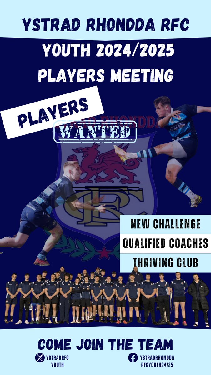 🚨 YOUTH 2024 / 2025 PLAYERS MEETING🚨

📍 Ystrad Rhondda RFC, CF41 7RQ
📅 Monday 29th April 2024
⏰ 6:30pm

#COTY #lookingafterthefuture