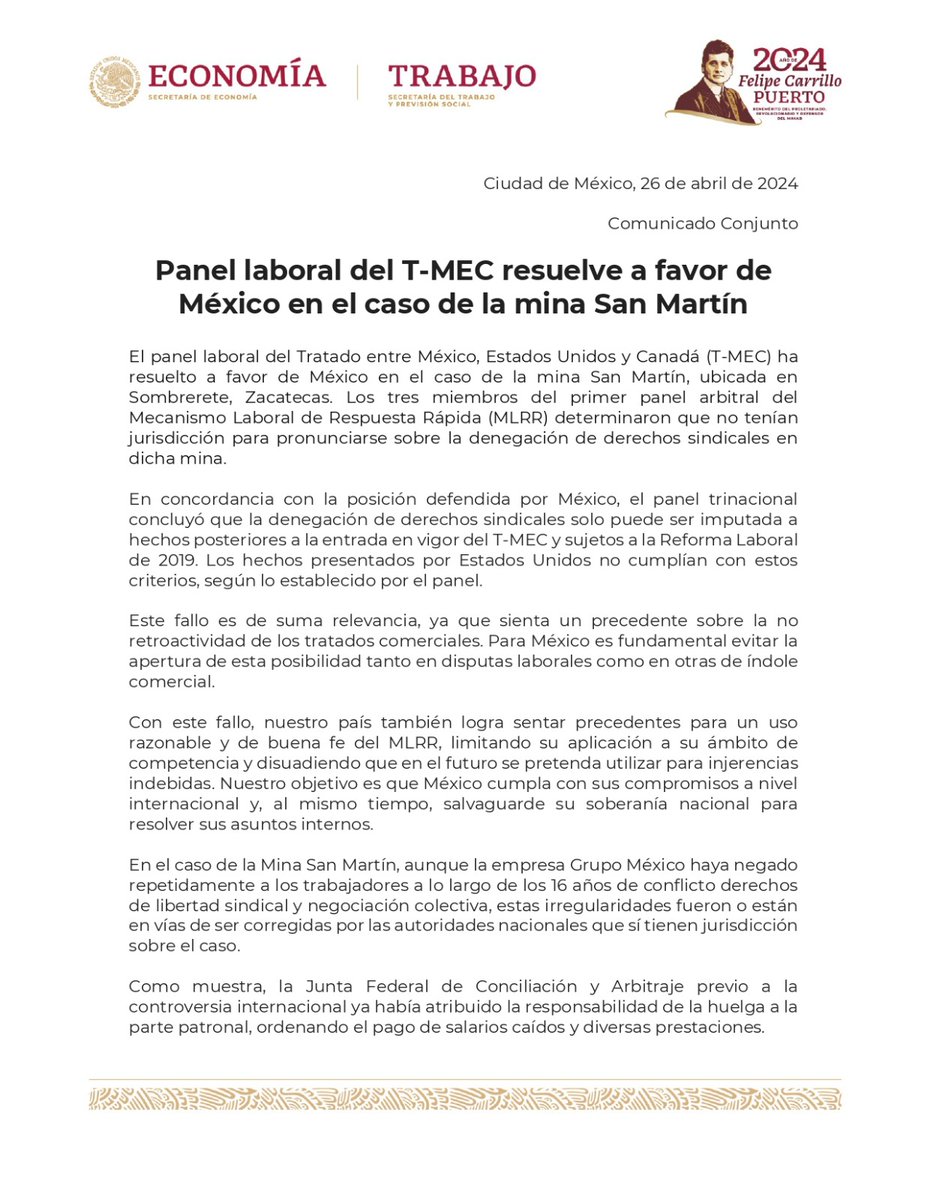 SE_mx's tweet photo. #ComunicadoConjunto

Panel laboral del #TMEC resuelve a favor de México en el caso de la mina San Martín. https://t.co/i4Nhfx0IED