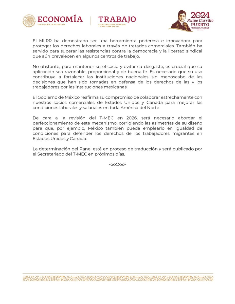 #ComunicadoConjunto

Panel laboral del #TMEC resuelve a favor de México en el caso de la mina San Martín.