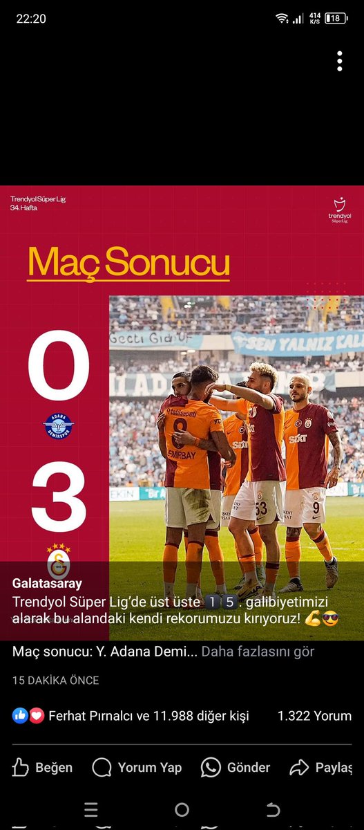 Trendyol Süper Lig’de üst üste 1️⃣5️⃣. galibiyetimizi alarak bu alandaki kendi rekorumuzu kırıyoruz! 💪😎 Maç sonucu: Y. Adana Demirspor 0-3 Galatasaray 👏 #ADSvGS