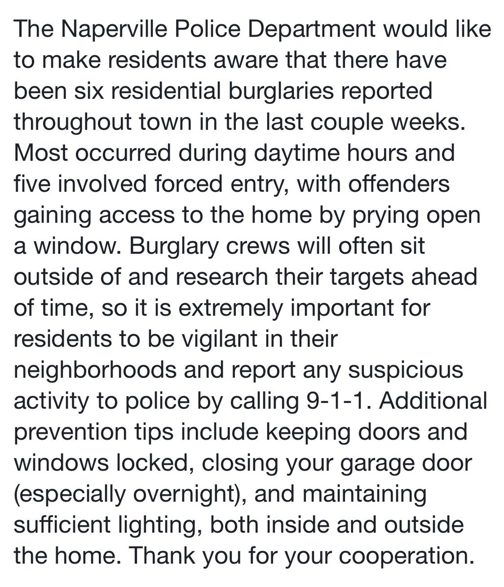 Rash of residential burglaries in Naperville.