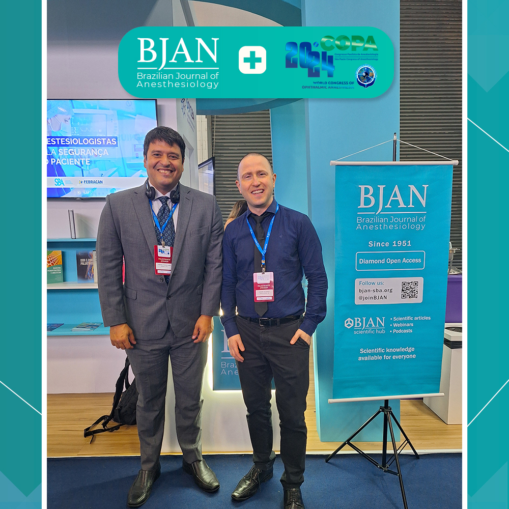 On the first slide, BJAN's Associate Editors Dr. Liana Azi and Dr. Lorena Ibiapina, along with Dr. André Schmidt, BJAN's Editor-in-Chief. On the second slide, BJAN's Associate Editor Gabriel Magalhães Nunes Guimarães and Dr. André Schmidt. #joinBJAN #citeBJAN #anesthesiology…