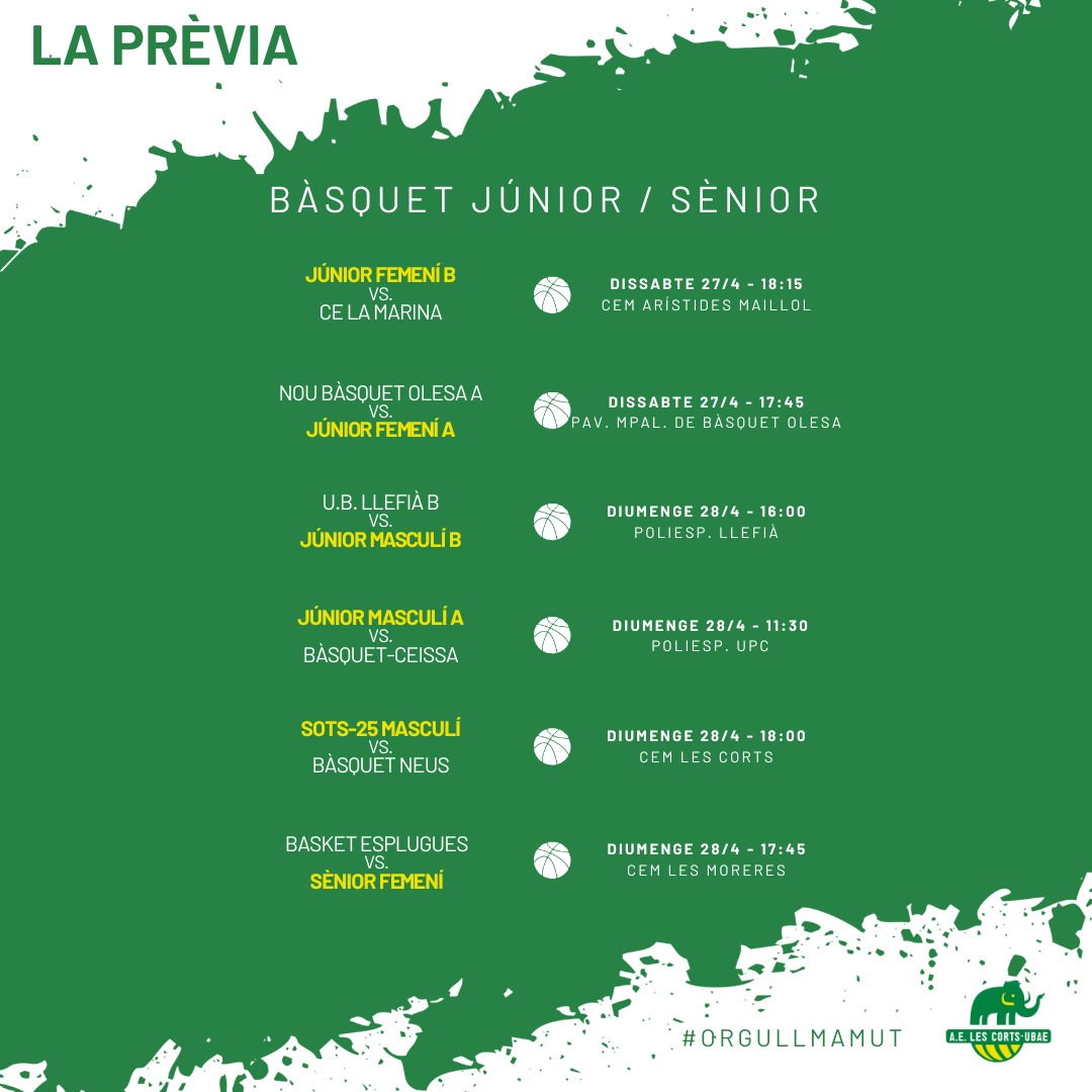 BÀSQUET | 🏀 La prèvia de la jornada del bàsquet mamut. 👀 Tots els partits del cap de setmana amb els rivals, horaris i pistes. 👏🏼 A animar tothom! Som-hi mamuts! 💚🦣 #OrgullMamut #bàsquet