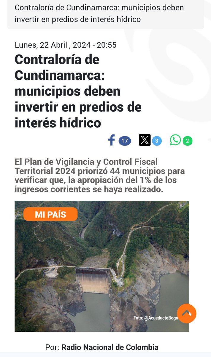 Reporta <a href="/Contralcundinam/">Contraloría de Cundinamarca</a> que municipios deben invertir en predios de interés hídrico. Fuente: <a href="/RadNalCo/">Radio Nacional CO</a>. radionacional.co/noticias-colom…