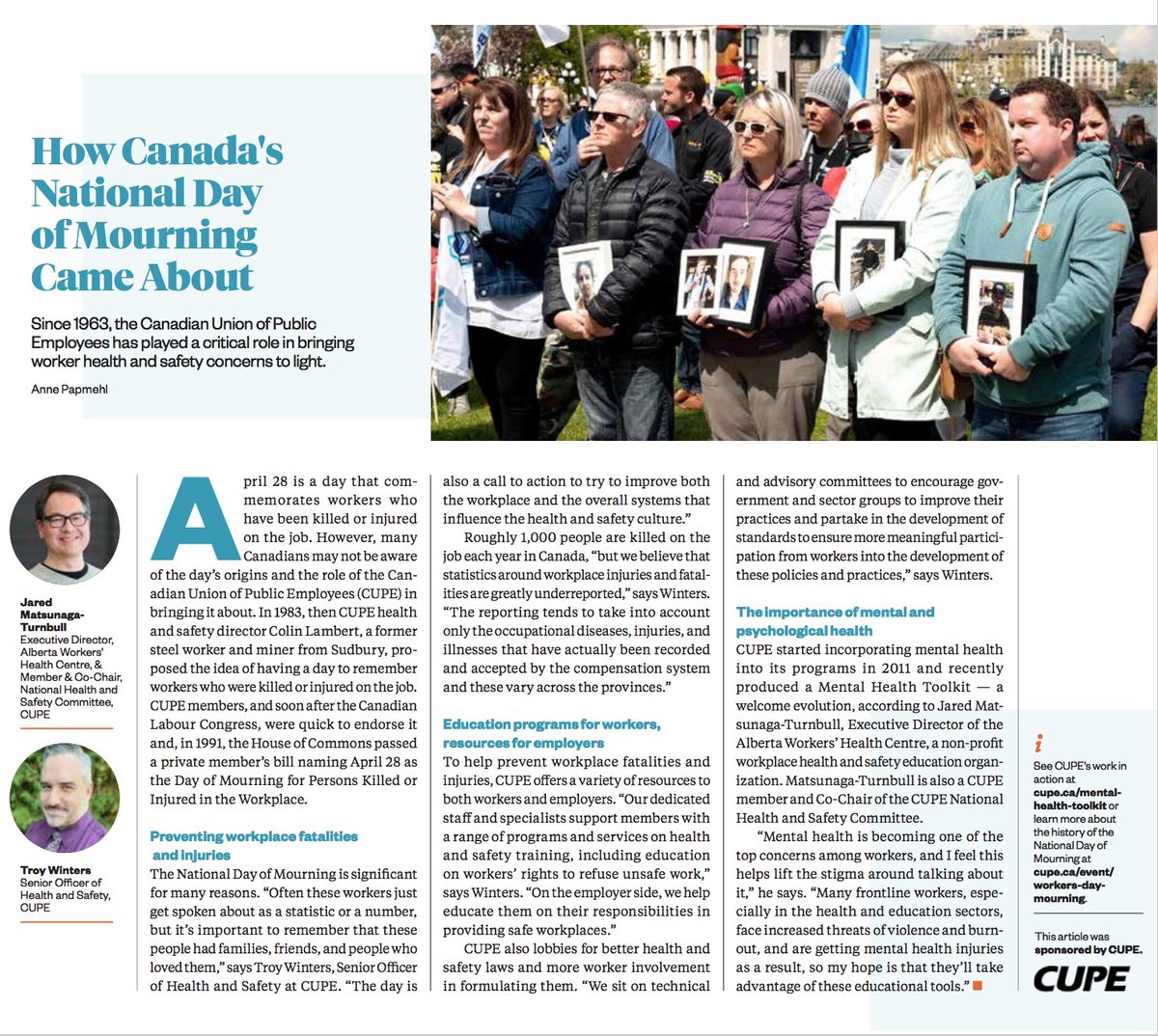 Have you seen the Workplace Safety Campaign @MediaplanetCA that launched in the National Post and online this morning, on time for #WorkersDayofMourning!? Learn more about how Canada's National Day of Mourning came about thanks to CUPE members across the country. #HealthAndSafety