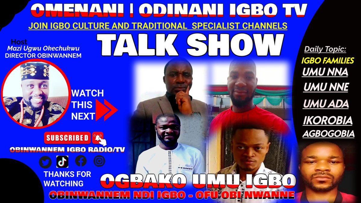 Join Obinwannem Umu Igbo Live 'TALK SHOW' tomorrow at 12 p.m. Igbo land time. 

Date: 27/04/2024
(Ubochi Nkwo Ikuku)

The topic will be: What are the missions of the Obinwannem Foundation and Company in Igbo land?

The introduction lasts two minutes.
5 minutes of exposition on