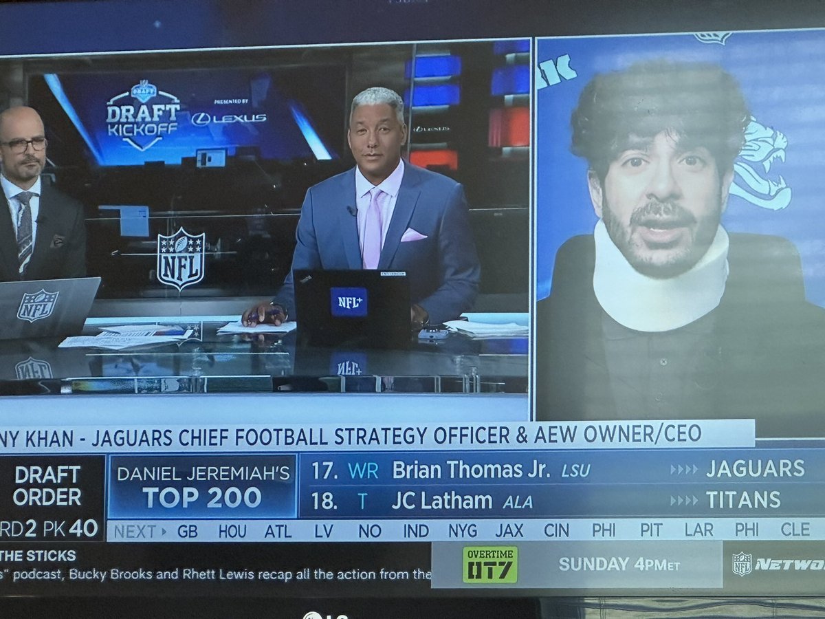 Tony Khan is on NFL Network in a neck brace talking about his injury. Wrestling rules the world.