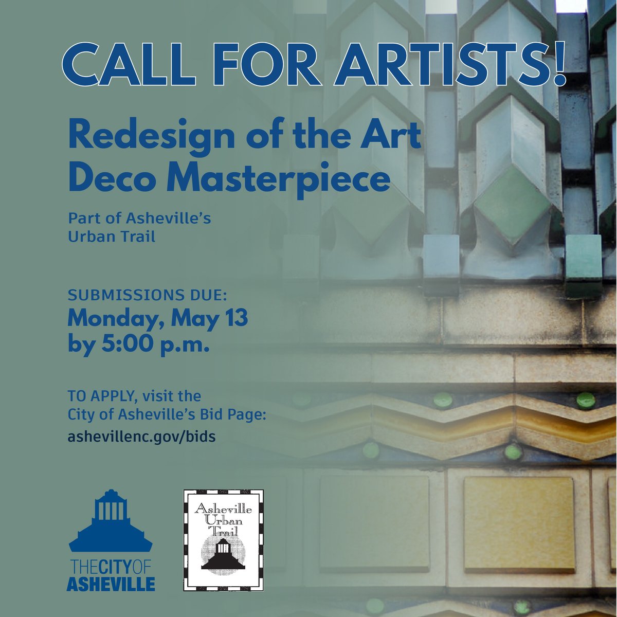 🎨 Artists wanted! Submit your qualifications to create a new Art Deco Masterpiece for Asheville’s Urban Trail. Access the Call for Artists document: ashevillenc.gov/bids. #Asheville #CallForArtists