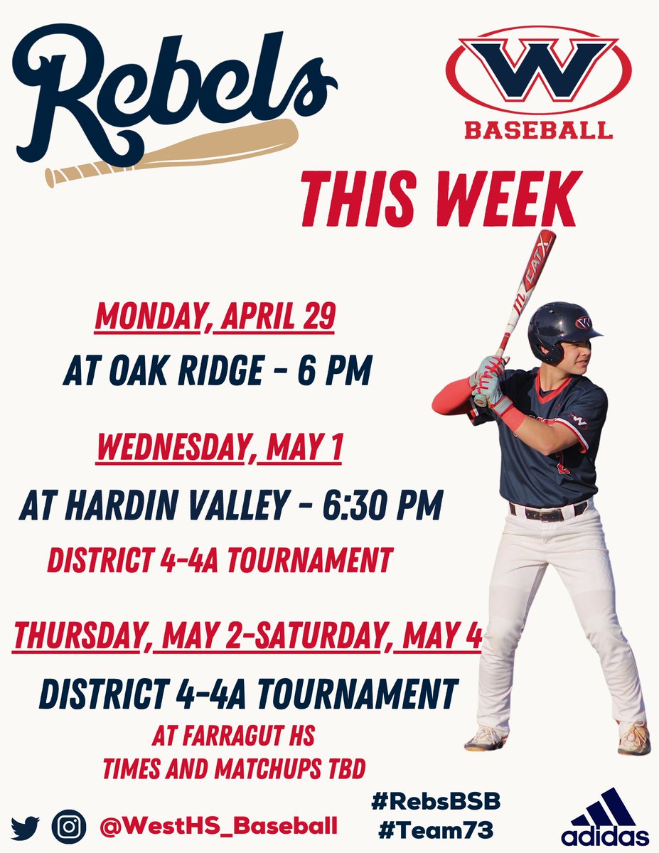 Huge week as the regular season comes to a close on Monday night at Oak Ridge and the District 4-4A Tournament gets underway this week.

Your #5 seed Rebels will open the tournament at #4 seed Hardin Valley on Wednesday night.

#RebsBSB #Team73