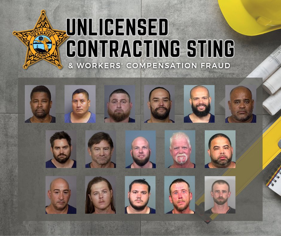 This week, MCSO partnered with the Florida Dept. of Financial Services Division of Investigative & Forensic Services & the Dept. of Business & Professional Regulation to arrest 16 people as part of a Workers' Compensation Fraud/Unlicensed Contractor Sting. bit.ly/49TAoMf