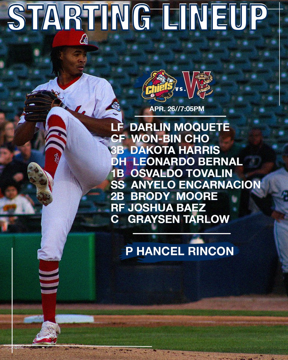 LET'S GO CHIEFS! Here is tonight's lineup as the Chiefs take on the @TimberRattlers at 7:05pm. Cheer them on at Dozer Park or on milb.tv!
- - -
#peoriachiefs #TopDogs