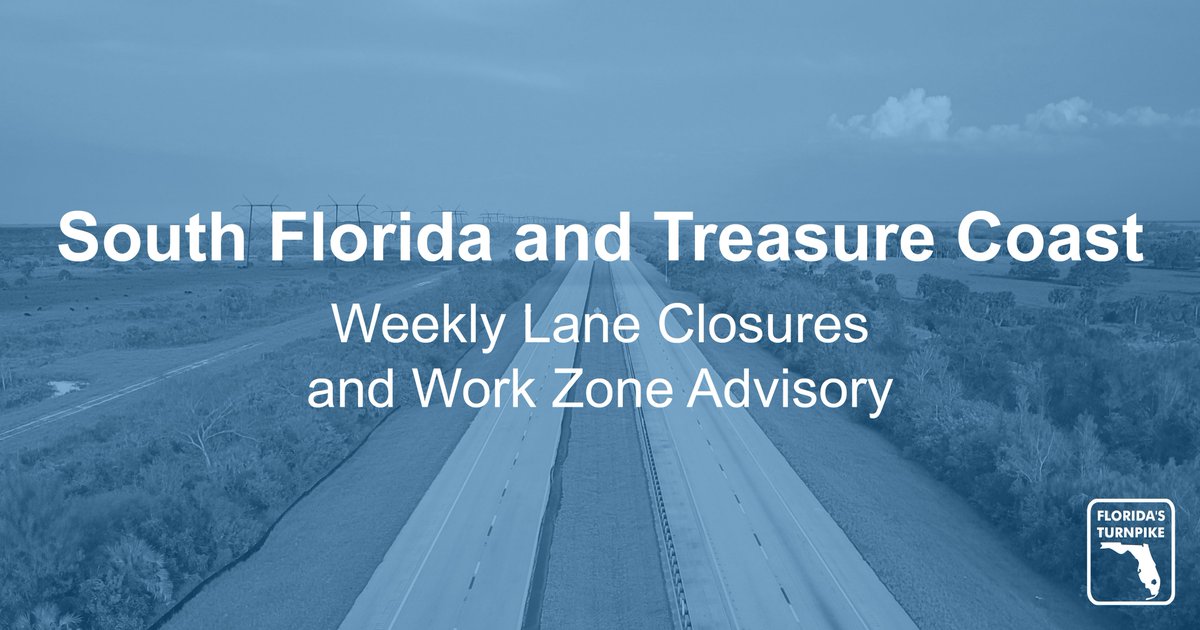 Florida’s Turnpike Enterprise announces lane closures and work zone information for projects in Miami-Dade, Broward, Palm Beach, Martin, St. Lucie, Okeechobee, and Indian River counties, for the week beginning Sunday, April 28. For more: bit.ly/3WijmUS