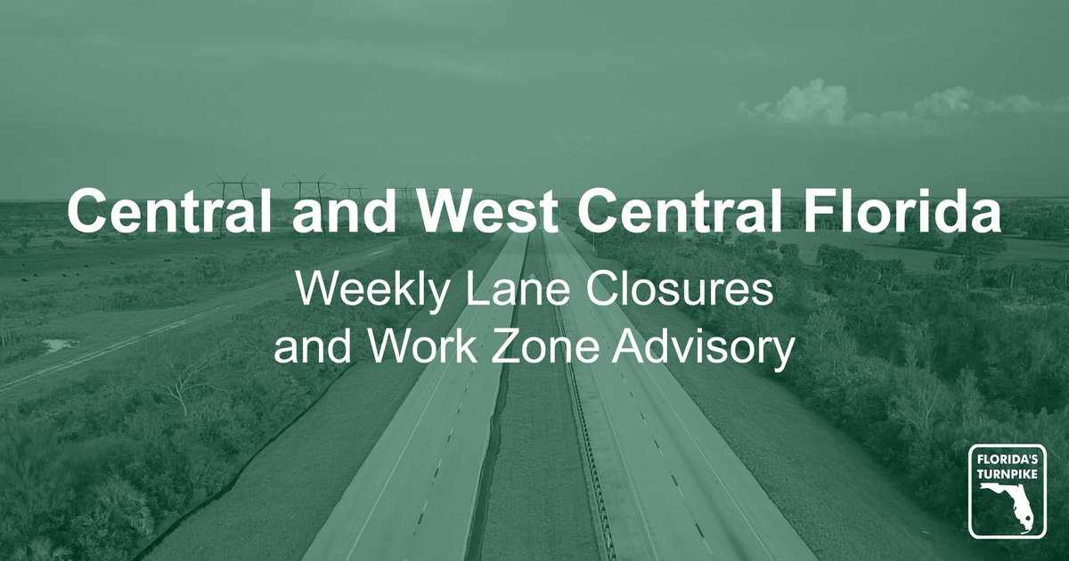 Florida’s Turnpike Enterprise announces lane closures and work zone information for construction and maintenance projects in Central and West Central Florida beginning Sunday, April 28. For more: bit.ly/44gby8a