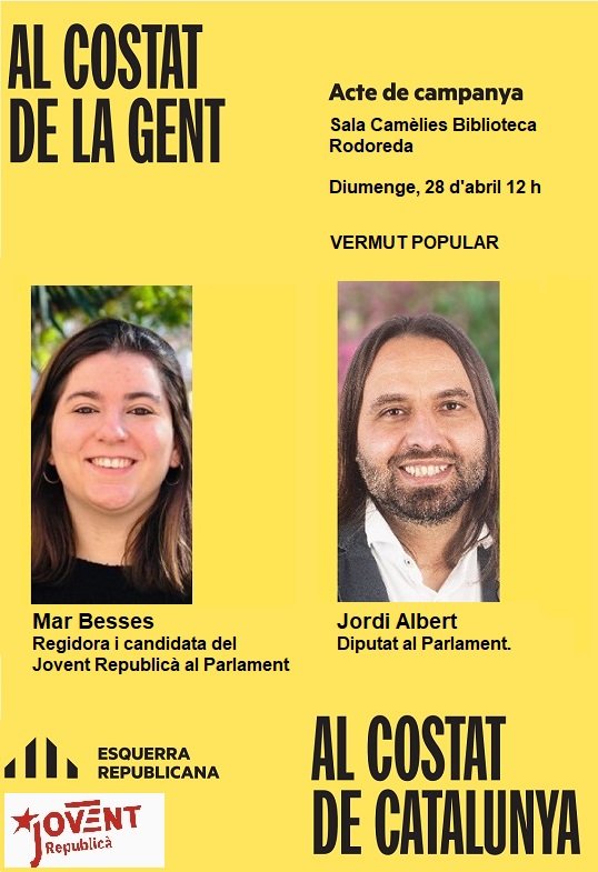 📆 Diumenge 28, 🕛 a les 12 h, 
a la Biblioteca Mercè Rodoreda 
de #SantJoanDespí:

Acte de campanya i vermut popular amb @marbesses, candidata del @JoventRepublica al Parlament de Catalunya i 
Jordi Albert, @Santandreuenc, diputat del @parlamentcat.

Us hi esperem!