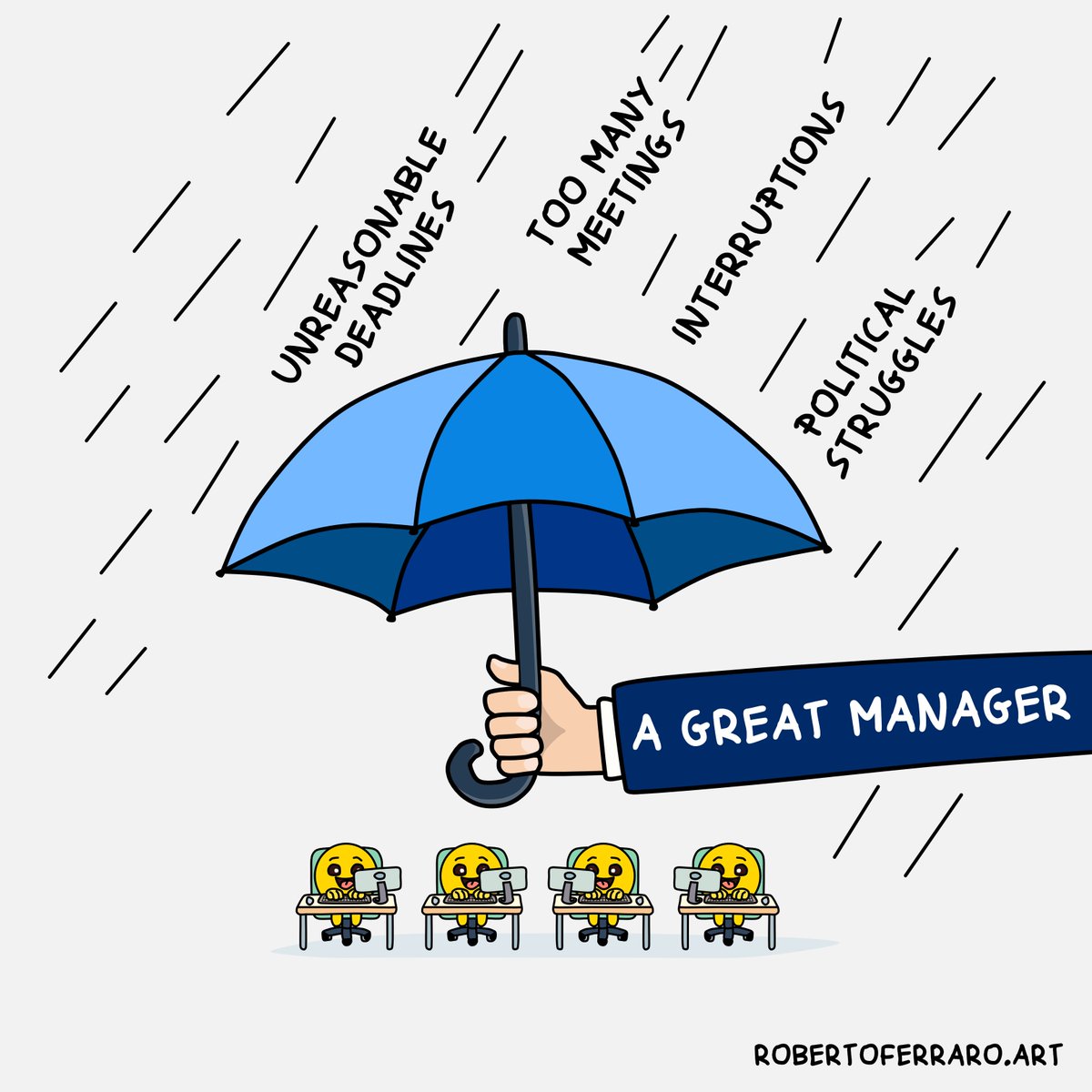 Good managers shield their employees from distress and distraction. While at the same time, don't 'protect' them from everything, and make them grow.