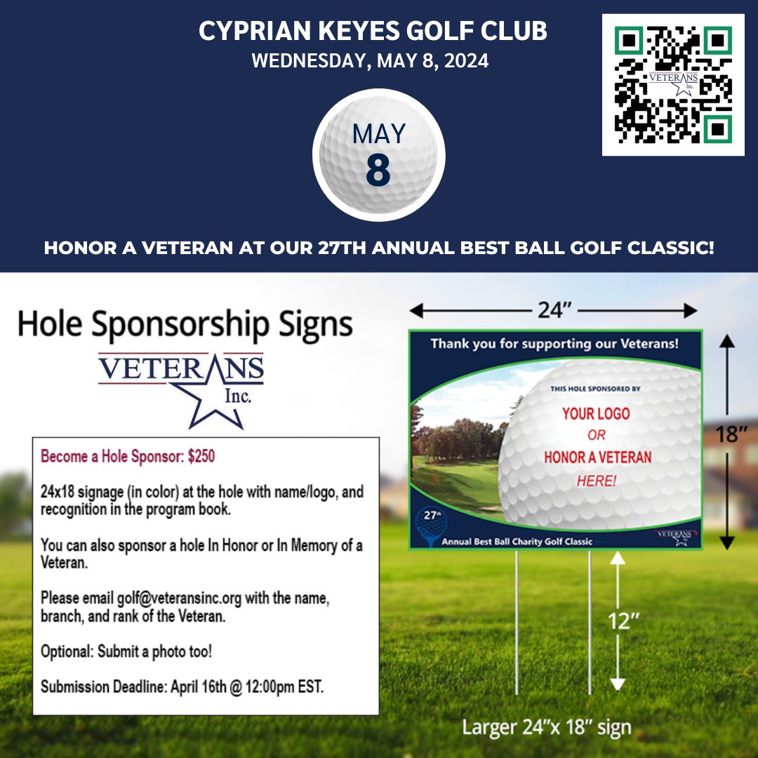 Become a Hole Sponsor at our 27th Annual Best Ball Classic! Honor a Veteran with a Hole Sponsor sign (in color) at the hole with name/rank/location. birdease.com/VeteransInc Email golf@veteransinc.org with the name, branch, & rank of the Veteran. Optional: Submit a photo too!