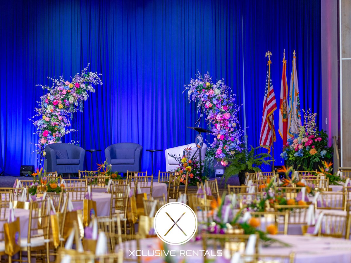 Shining a spotlight on excellence! ✨ 

Navy blue and fuchsia uplights setting the stage for empowerment at Mayor Jerry L. Demings’ Women’s History Month forum.

#centralfloridaevents #orlando #womensupportingwomen #womensforum #draping #xclusiverentals