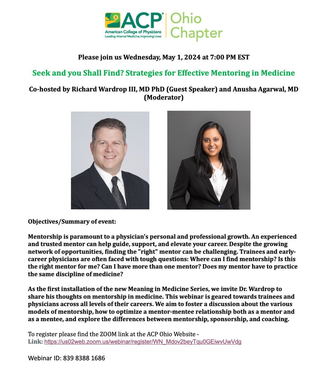 The Council of Residents & Fellows humbly invites you to attend the inaugural meeting of the Meaning in Medicine. We will get the opportunity to hear from my mentor, @Mud_Fud, on mentorship. This is for all trainees and physicians! @OhioAcp @medpedshosp @NewYorkACP
