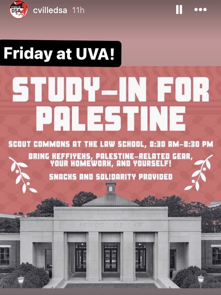 An event scheduled  @UVALaw school, advertised by Charlottesville Democratic Socialists. Is it lit?  Does 'Palestine-Related Gear' mean tents? 🇮🇱