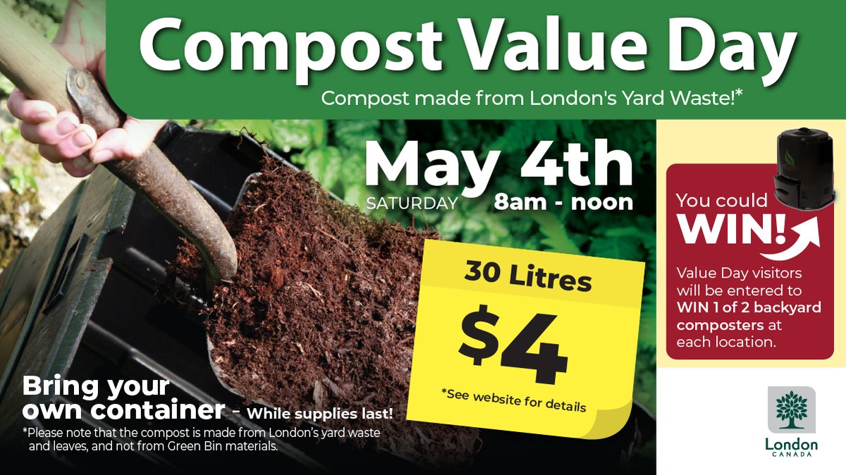 This Compost Value Day (May 4, 2024), take home compost made from London’s yard waste and leaves! Locations: • London Food Bank (926 Leathorne Street) • Richmond North Office Centre (235 North Centre Road) Till supplies last! london.ca/yard-waste-com…