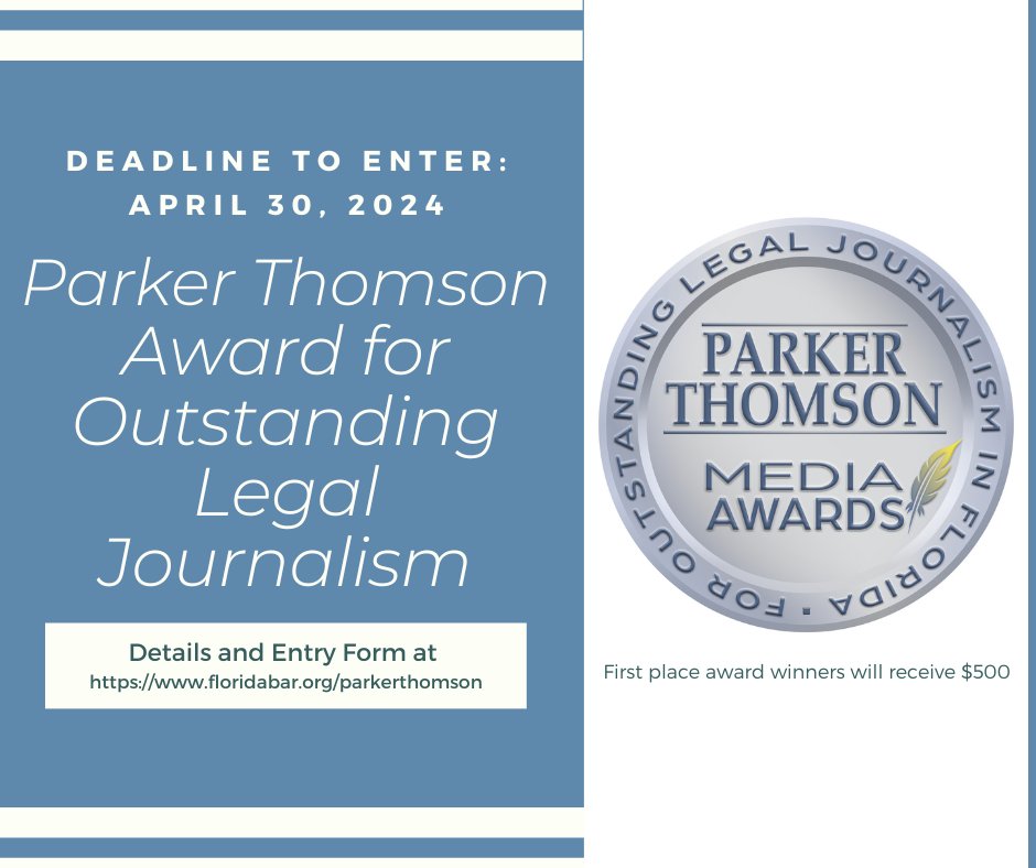 Time is running out! ⏰ The Parker Thomson Awards for Outstanding Legal Journalism nominations are due by April 30! These honors are awarded to outstanding legal journalism in all its forms. 📰🎙️💻 Nominate an outstanding legal journalist today! 🏆 floridabar.org/about/cmtes/cm…