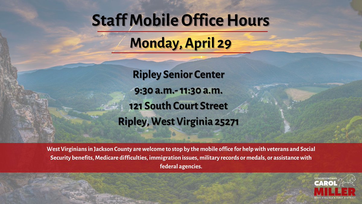 My staff will be hosting mobile office hours in Ripley on Monday, April 29. Please feel free to join if you need any help with veterans & Social Security benefits, Medicare difficulties, immigration issues, military records or medals, or assistance with federal agencies.