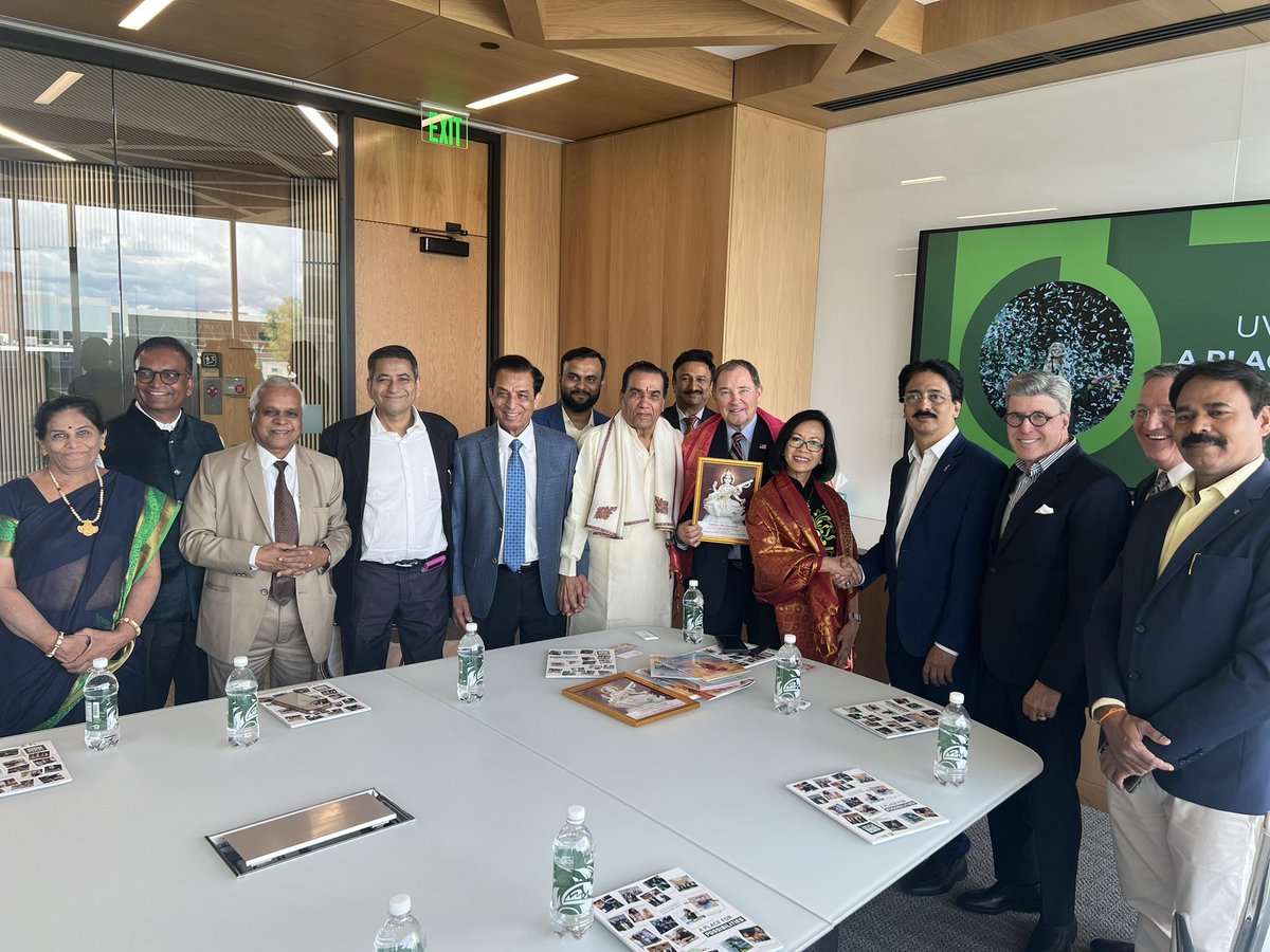 It was my pleasure to meet with Prof. Dr. @vishwanathkarad, Founder - President, Chancellor, and UNESCO Chair Holder of the World Peace Center, MIT, Pune, India. He offered gifts and shared messages of peace to the world. @uvu_president and I the enjoyed the gifts and their time