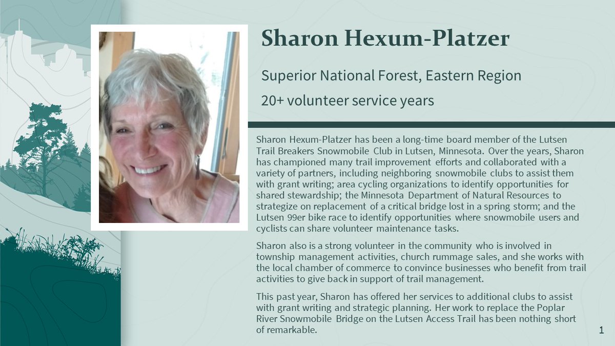 For decades, Sharon Hexum-Platzer has championed many trail improvement efforts and collaborated with a variety of partners on the @SuperiorNF. #NationalVolunteerMonth fs.usda.gov/detail/r9/work…