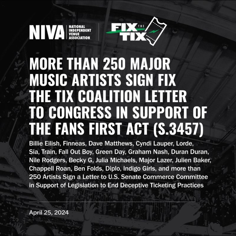 Thanks to @nivassoc, 250+ major artists have voiced support for the #FansFirstAct, a bill pending in the Senate that takes aim at predatory ticket resellers with a letter to Congress. Support fans - join our effort to reform ticketing ⤵️ fixthetix.org #NIVA #FixTheTix