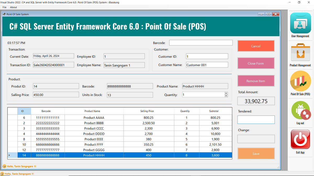 สร้างโปรแกรมขายสินค้าด้วย C# กับ Entity Framework Core

IDE: Visual Studio 2022
Database: MS SQL Server

#VisualStudio2022 #SQLServer #EFCore #PointOfSale #POS