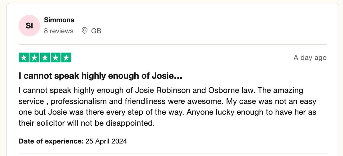 A fantastic review for our Senior Associate Josie Robinson. We agree with our client that "anyone lucky enough to have her as their solicitor will not be disappointed" ⭐️⭐️⭐️⭐️⭐️