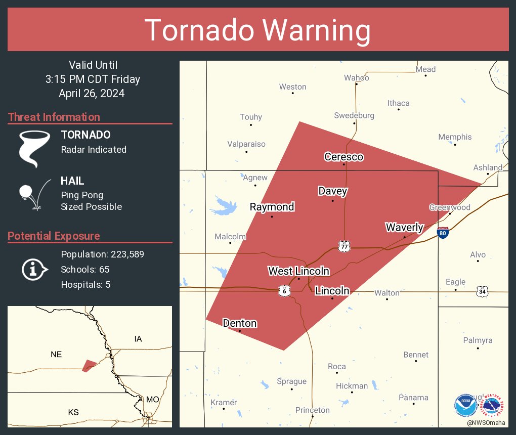 Tornado Warning including Lincoln NE, Waverly NE and Ceresco NE until 3:15 PM CDT