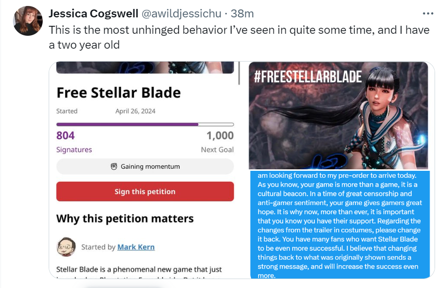 A @Gamespot editor thinks that asking gamers to receive what was actually advertised is 'unhinged behavior.' #FreeStellarBlade Petition is also at 2,815 and growing fast, proving 'journalists' never fact check.