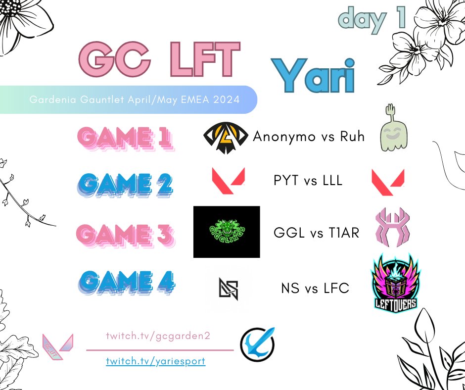 GG x YARI Esport PRESENTS:

April 27th, 2024 <a href="/4pm/">4pm</a> CEST 

DAY 1: 
- ANM VS RUH
- PYT VS LLL
- GGL VS T1AR 
- NS VS LFC

STREAM: twitch.tv/gcgarden and 
Watch party: twitch.tv/yariesport

We are still looking for any donations or sponsors of any kind to help us out with the