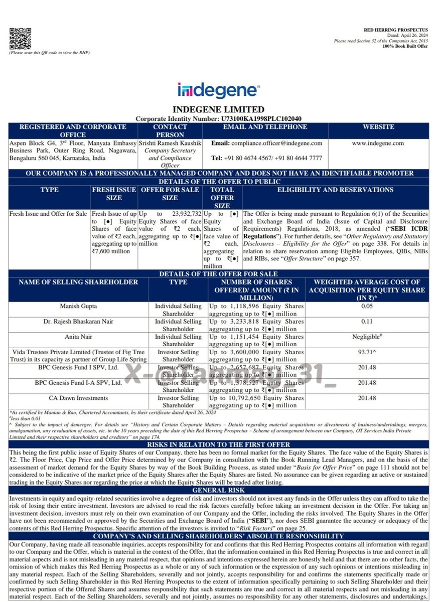 New Mainboard IPO

Indegene Limited

Date : 6-8 May
Issue Size :
Fresh - 760 cr
OFS - 2,39,32,732 Shares

FV : 2/-
Retail : 35%
Emp : 12.5 cr

Financials FY23 : 
Rev - 2364 cr
PAT - 266.1 cr

Till Q3 FY24 : 
Rev - 1970 cr
PAT - 241.9 cr

Seems A Top Quality IPO 😃

#Indegene
#IPO