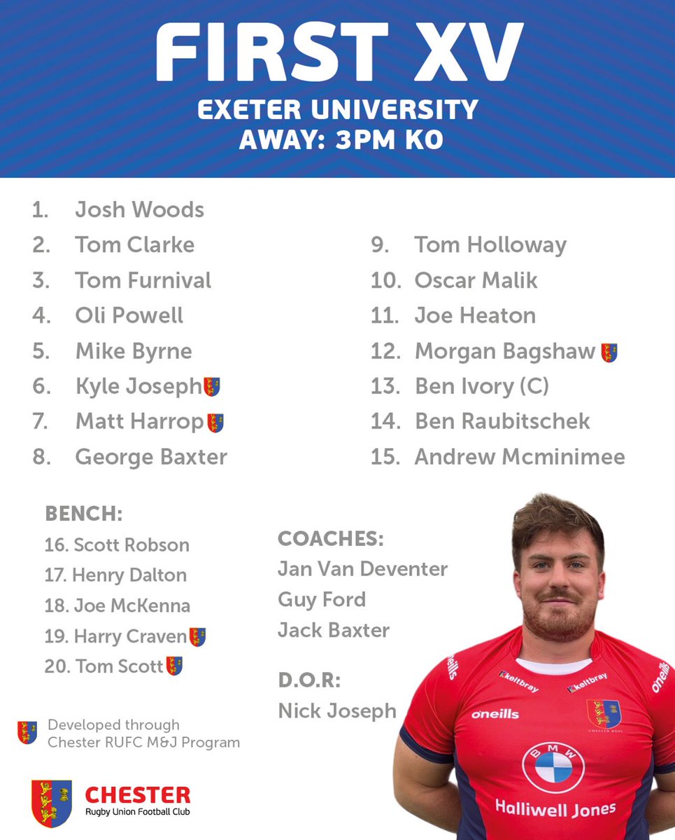 FIRST XV SQUAD FOR THE LAST GAME OF THE SEASON 🏉 

3pm KO- Away

#upthechess #away #fixture #chester #rufc #rugbyunion #rugbylife #rugbyplayer #rugbyfamily #rugbylove
