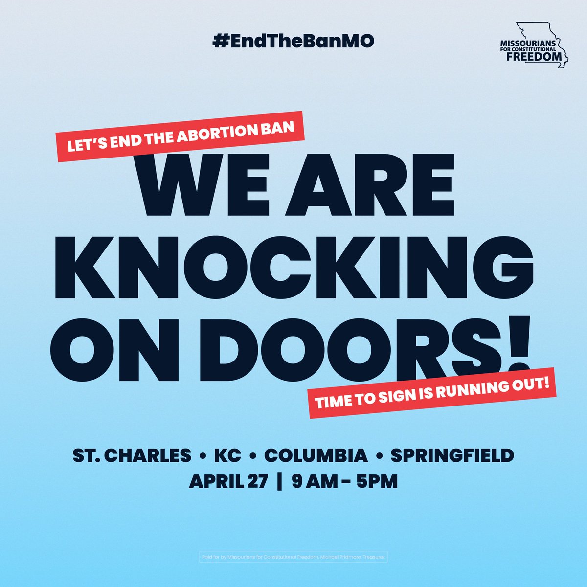 Just one week left to put abortion rights on the ballot, Missouri! Every voice counts, every action matters. Your support fuels our fight. Come see us and get your signature on the petition to #EndTheBanMO ❤️ Learn more: mobilize.us/mfcf/