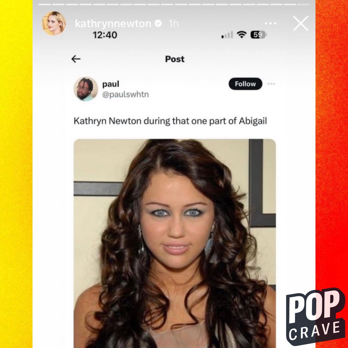 #Abigail star Kathryn Newton shares Miley Cyrus meme talking about one of her scenes in the film in a recent Instagram story. #AbigailPartner