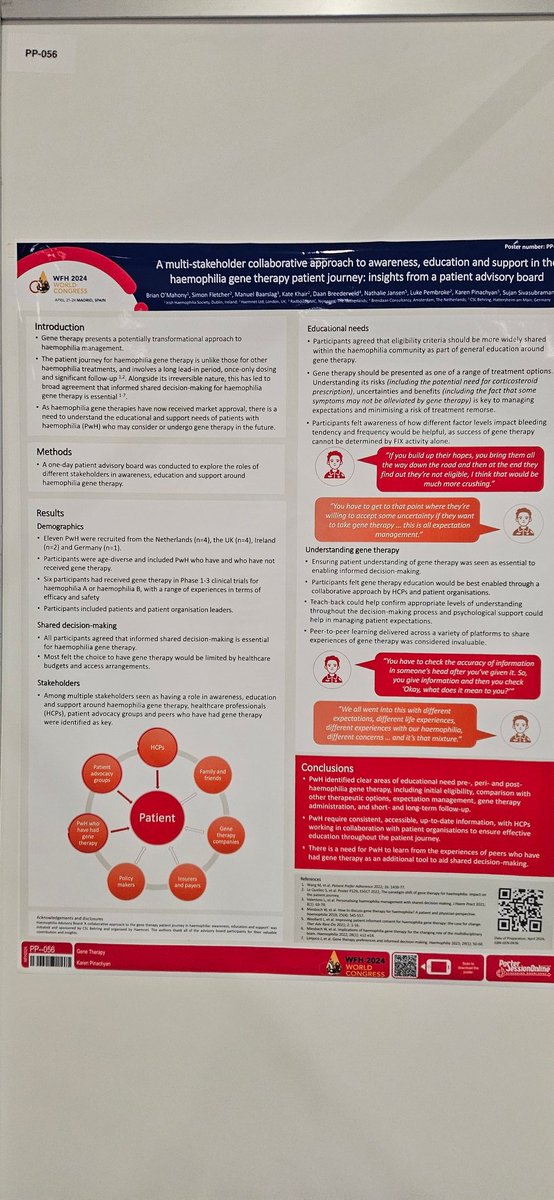 Poster I was lead author on #WFHCongress2024 Ad board including 6 PWH who had recieved Gene Therapy. Educational needs identified-eligibility, comparison with other therapies,expectation management, dosing, short and long term follow up