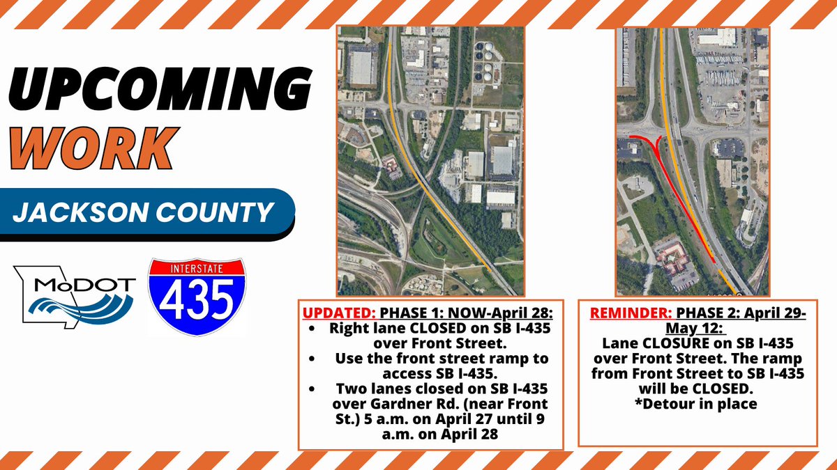 UPDATED: JACKSON COUNTY – Crews will complete phase I and begin phase II of lane and ramp closures on SB I-435 at Front Street for bridge joint maintenance on (approximately) April 29. For more info, visit modot.org/node/46024 #kctraffic