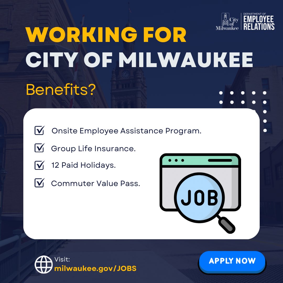 Why work for the @cityofmilwaukee? Why STAY with the City? What are the benefits? We know it’s not easy facing a new challenge. But, is it worth it? It sure is. Visit milwaukee.gov/JOBS to learn about available positions, and apply today! 

See you soon! 

#hiring #milwaukee