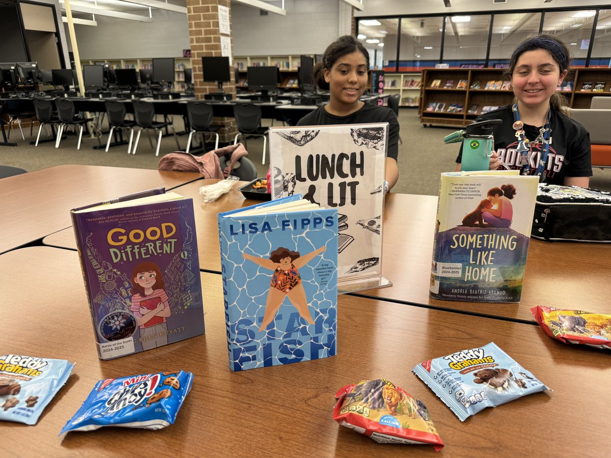 Lunch & LIT was today and this was the only picture I got! We were too busy discussing these amazing books! Each lunch enjoyed a verse novel for #PoetryMonth. @ConfusedNarwhal @AuthorLisaFipps