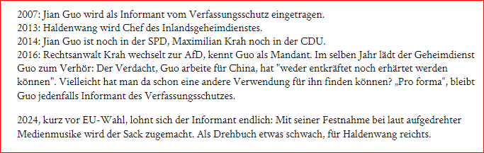 'Die #Haldenwang-Posse des @BfV_Bund um den vermeintlichen China-Spion Jian Guo wird umso unterhaltsamer, je mehr Details ans Licht kommen.'