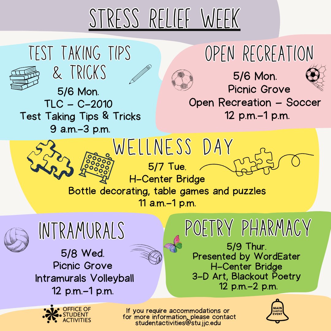 Stress Relief Week begins on Monday here at Main Campus! We have recreational activities, tips and tricks for studying, and other relaxing activities planned, so mark your calendars and we will see you next week!