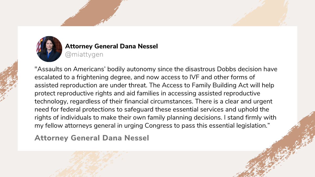 .@MIAttyGen @dananessel joined a coalition of 21 attorneys general this week in urging Congress to pass the Access to Family Building Act, legislation to guarantee the right to access assisted reproductive technology like IVF nationwide. Read more ➡️ michigan.gov/ag/news/press-…